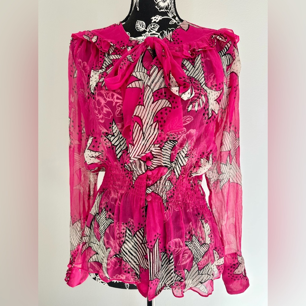 Bright pink Celia Birtwell for Express patterned sheer blouse